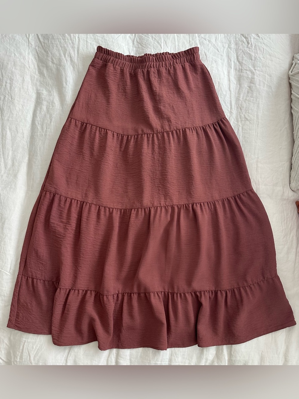 Tiered Midi Skirt in Mauve Rose - Elastic Waist